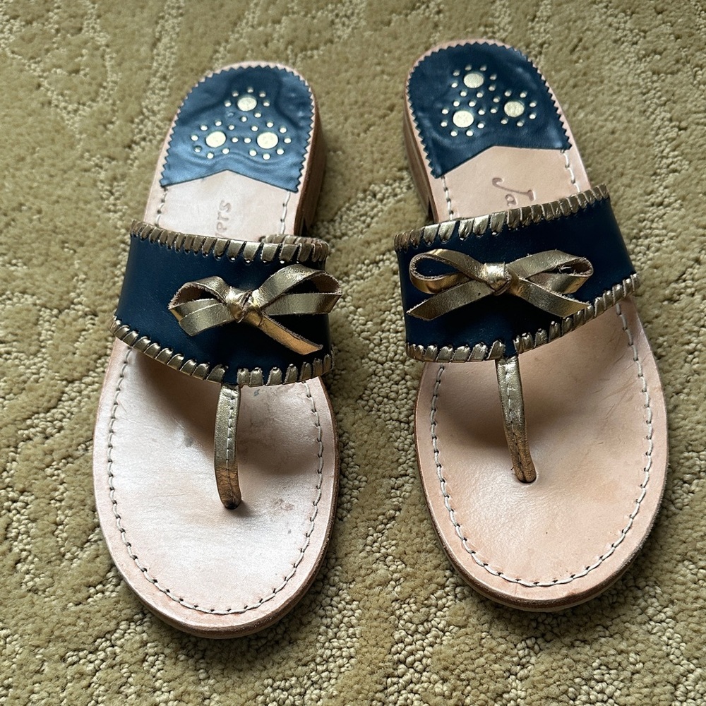 Jack Rogers Black and Gold Bow Sandals